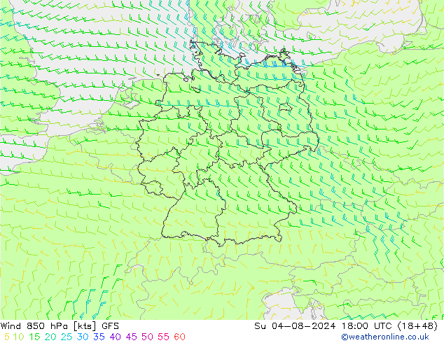 Wind 850 hPa GFS zo 04.08.2024 18 UTC