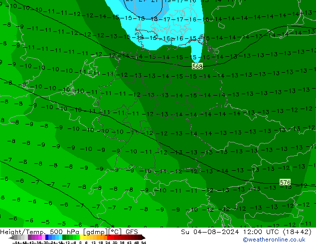 Hoogte/Temp. 500 hPa GFS zo 04.08.2024 12 UTC