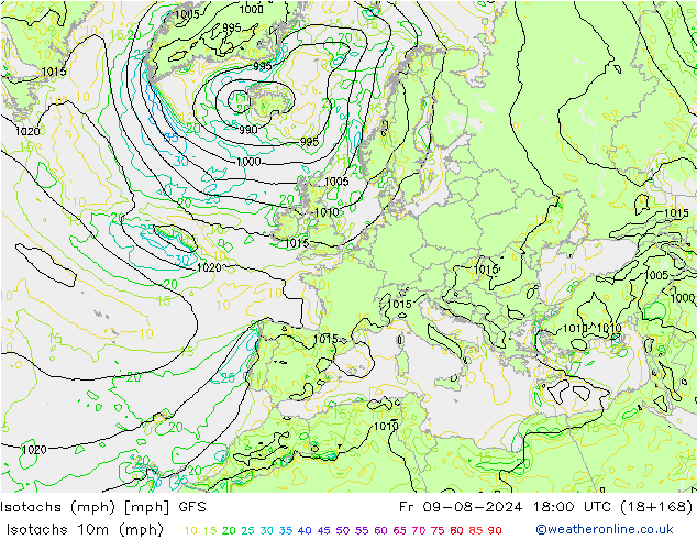 Isotachen (mph) GFS vr 09.08.2024 18 UTC