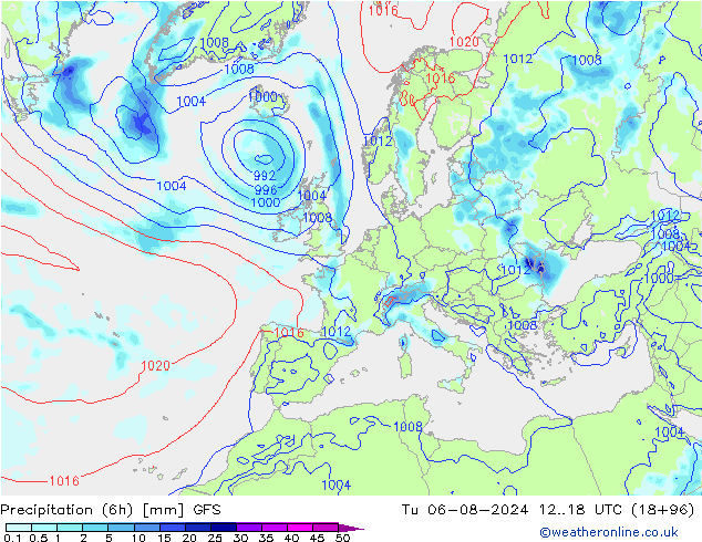 Z500/Rain (+SLP)/Z850 GFS Tu 06.08.2024 18 UTC