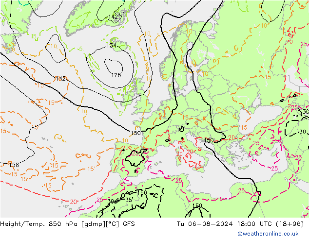 Z500/Rain (+SLP)/Z850 GFS Tu 06.08.2024 18 UTC