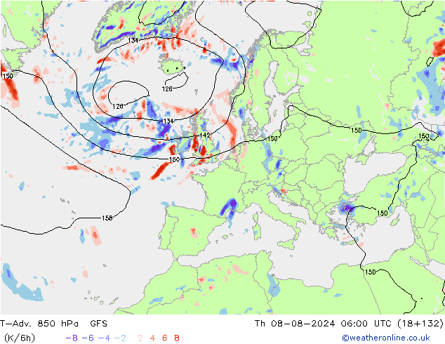 T-Adv. 850 hPa GFS 星期四 08.08.2024 06 UTC