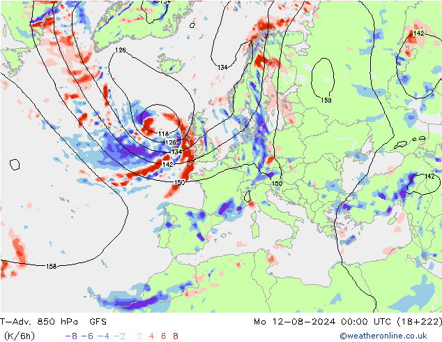 T-Adv. 850 hPa GFS ma 12.08.2024 00 UTC