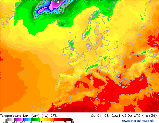 Min.temperatuur (2m) GFS zo 04.08.2024 06 UTC