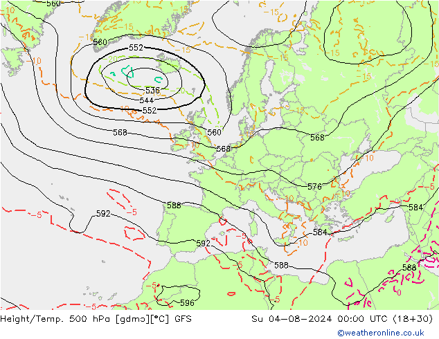 Hoogte/Temp. 500 hPa GFS zo 04.08.2024 00 UTC