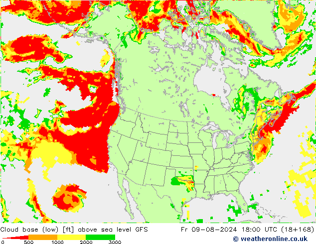 Cloud base (low) GFS 星期五 09.08.2024 18 UTC