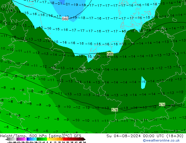 Z500/Rain (+SLP)/Z850 GFS 星期日 04.08.2024 00 UTC