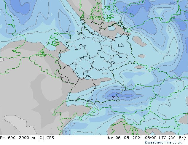 RH 600-3000 m GFS 星期一 05.08.2024 06 UTC