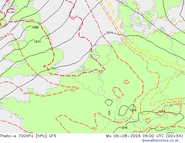 Theta-e 700hPa GFS ma 05.08.2024 06 UTC