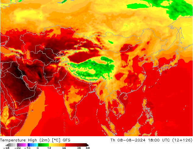 Max.temperatuur (2m) GFS do 08.08.2024 18 UTC