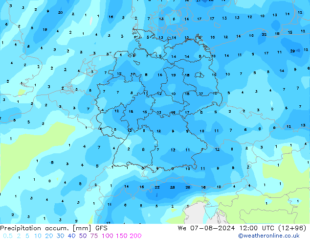 Precipitation accum. GFS 星期三 07.08.2024 12 UTC