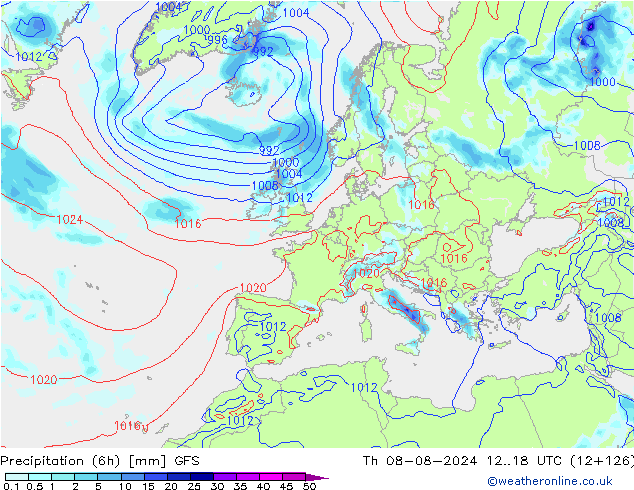 降水量 (6h) GFS 星期四 08.08.2024 18 UTC