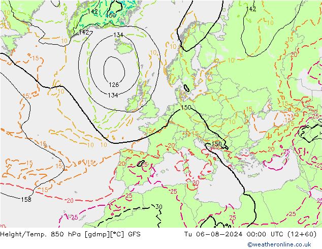 Hoogte/Temp. 850 hPa GFS di 06.08.2024 00 UTC