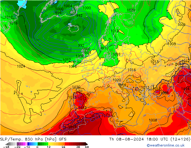 SLP/Temp. 850 hPa GFS do 08.08.2024 18 UTC