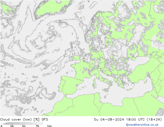Bewolking (Laag) GFS zo 04.08.2024 18 UTC