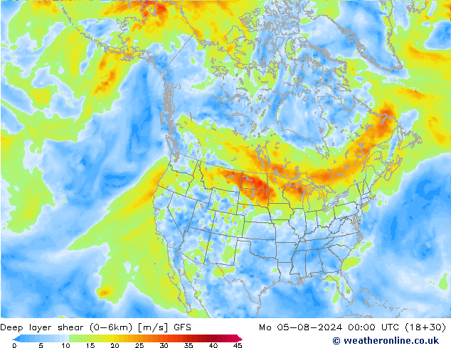 Deep layer shear (0-6km) GFS ma 05.08.2024 00 UTC