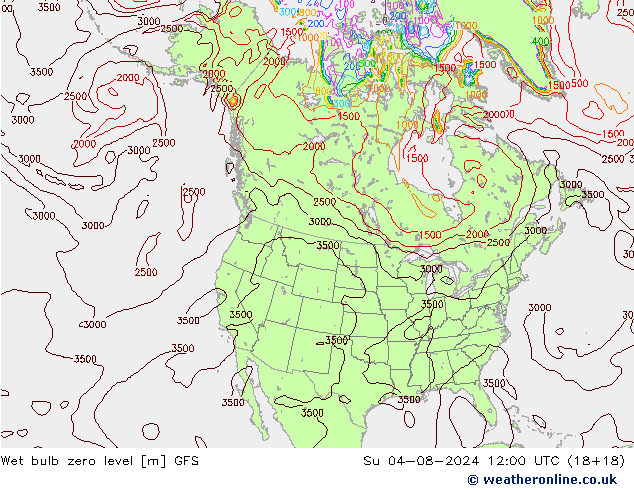 Wet bulb zero level GFS 星期日 04.08.2024 12 UTC