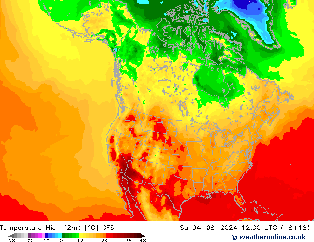 Temperature High (2m) GFS 星期日 04.08.2024 12 UTC