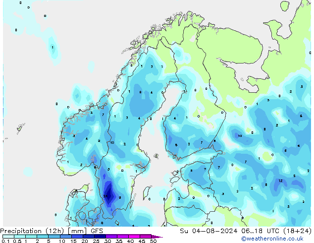 Totale neerslag (12h) GFS zo 04.08.2024 18 UTC