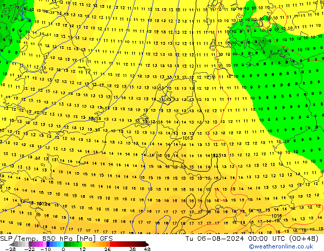 SLP/Temp. 850 hPa GFS di 06.08.2024 00 UTC