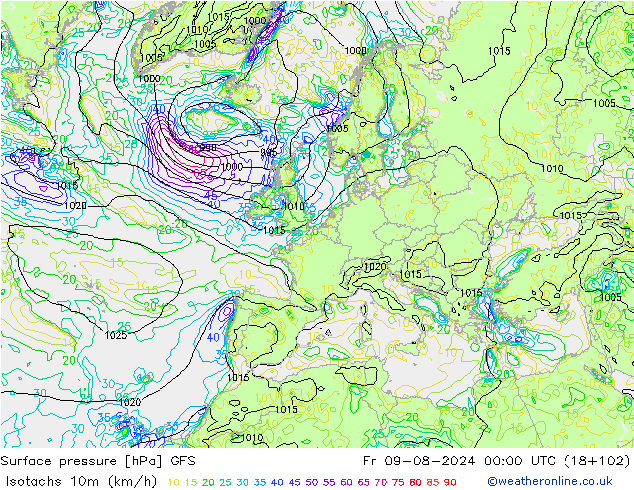 10米等风速线 (kph) GFS 星期五 09.08.2024 00 UTC