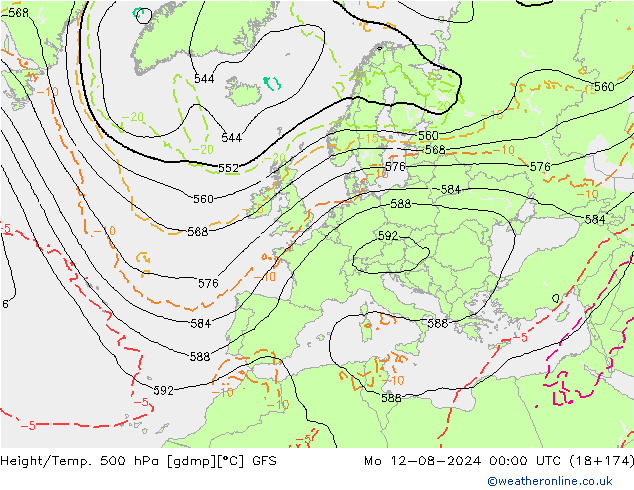 Hoogte/Temp. 500 hPa GFS ma 12.08.2024 00 UTC