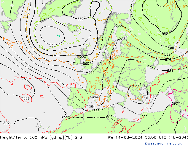 Hoogte/Temp. 500 hPa GFS wo 14.08.2024 06 UTC