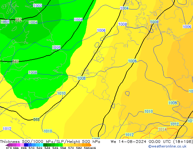 Dikte 500-1000hPa GFS wo 14.08.2024 00 UTC