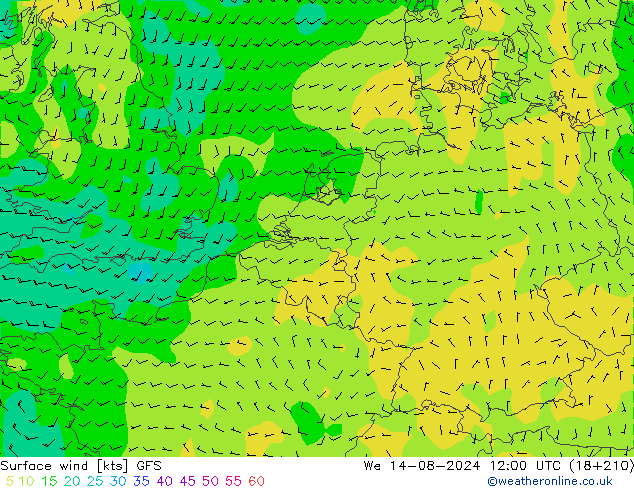 Wind 10 m GFS wo 14.08.2024 12 UTC