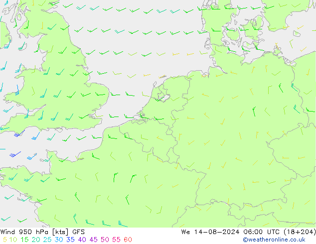 Wind 950 hPa GFS wo 14.08.2024 06 UTC