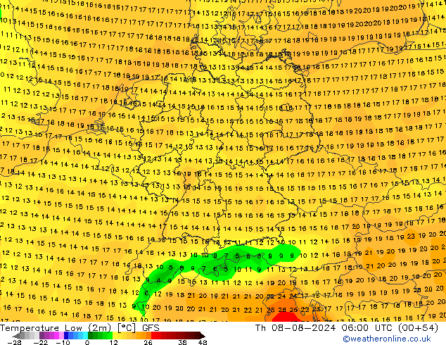 Temperature Low (2m) GFS 星期四 08.08.2024 06 UTC