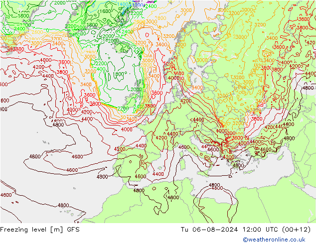 Nulgradenniveau GFS di 06.08.2024 12 UTC