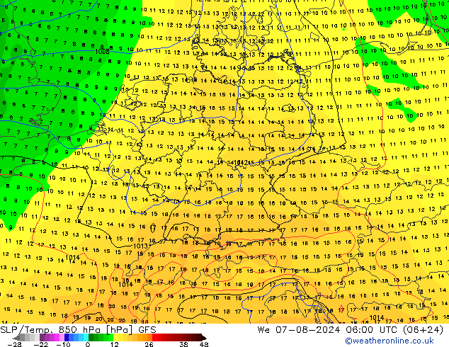 SLP/Temp. 850 hPa GFS wo 07.08.2024 06 UTC