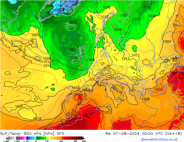 SLP/Temp. 850 hPa GFS 星期三 07.08.2024 00 UTC