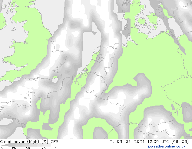 Bewolking (Hoog,Middelb.,Laag) GFS di 06.08.2024 12 UTC