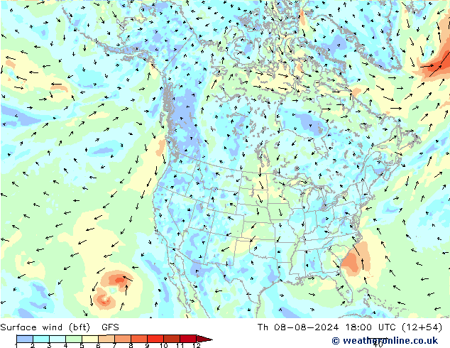 �N 10 米 (bft) GFS 星期四 08.08.2024 18 UTC