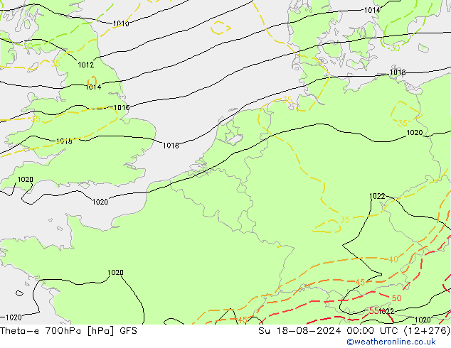 Theta-e 700hPa GFS 星期日 18.08.2024 00 UTC