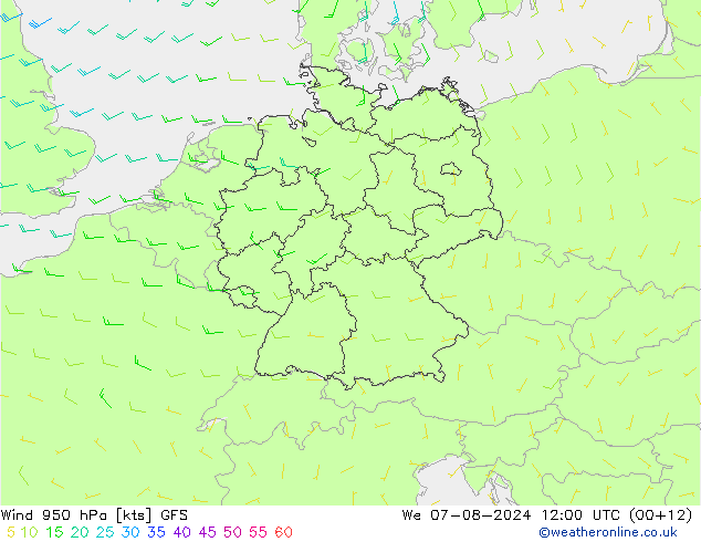 Wind 950 hPa GFS wo 07.08.2024 12 UTC