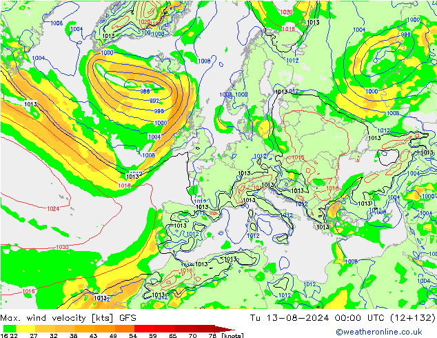 Max. wind snelheid GFS di 13.08.2024 00 UTC