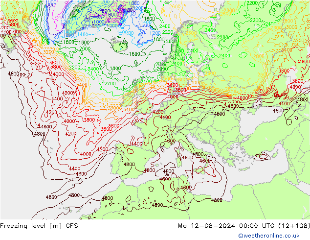 Freezing level GFS 星期一 12.08.2024 00 UTC