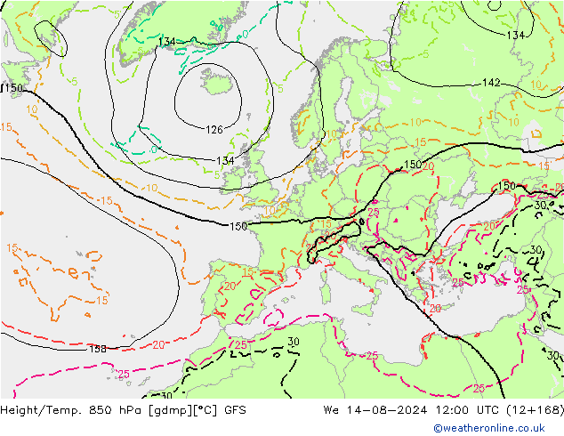 Z500/Rain (+SLP)/Z850 GFS We 14.08.2024 12 UTC