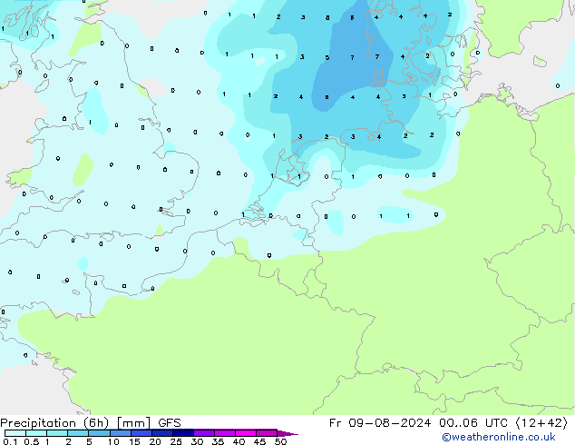 Totale neerslag (6h) GFS vr 09.08.2024 06 UTC