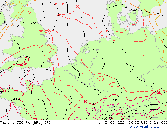 Theta-e 700hPa GFS 星期一 12.08.2024 00 UTC