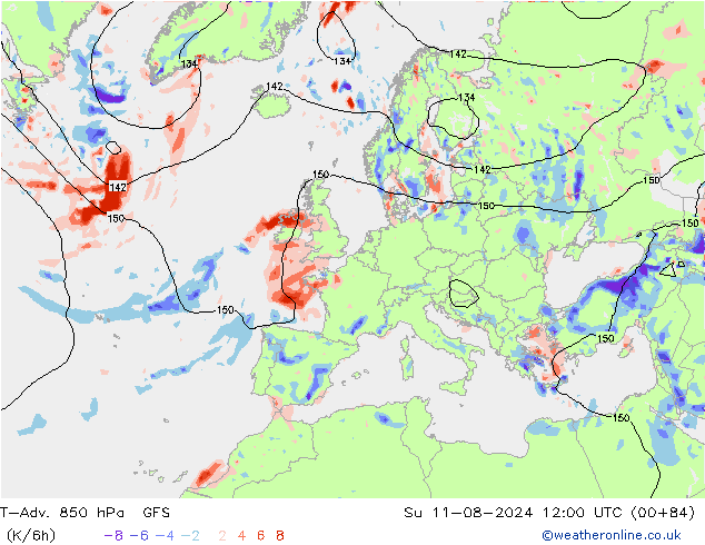 T-Adv. 850 hPa GFS zo 11.08.2024 12 UTC