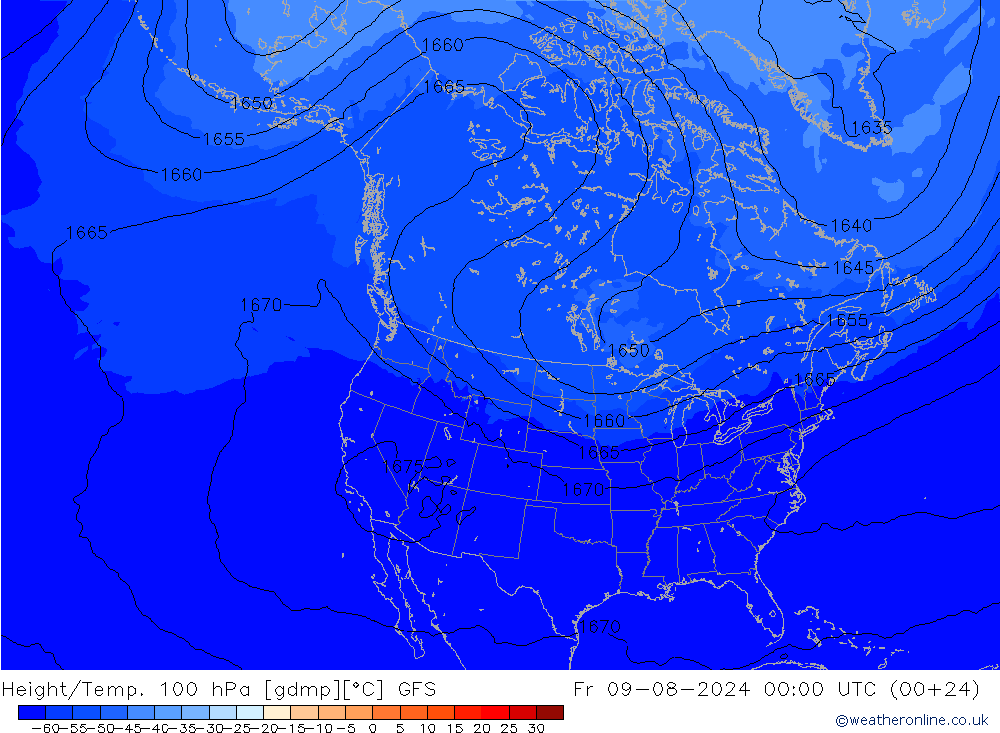 Hoogte/Temp. 100 hPa GFS vr 09.08.2024 00 UTC