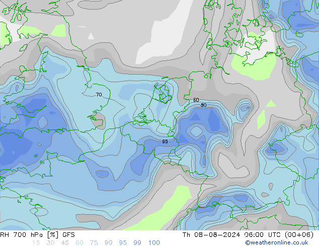 RH 700 hPa GFS 星期四 08.08.2024 06 UTC