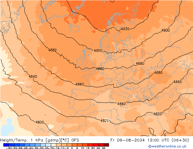 Hoogte/Temp. 1 hPa GFS vr 09.08.2024 12 UTC