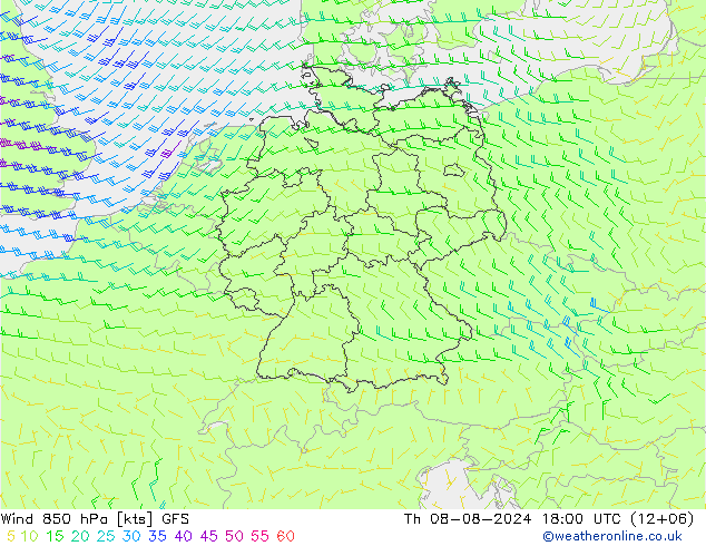 Wind 850 hPa GFS do 08.08.2024 18 UTC