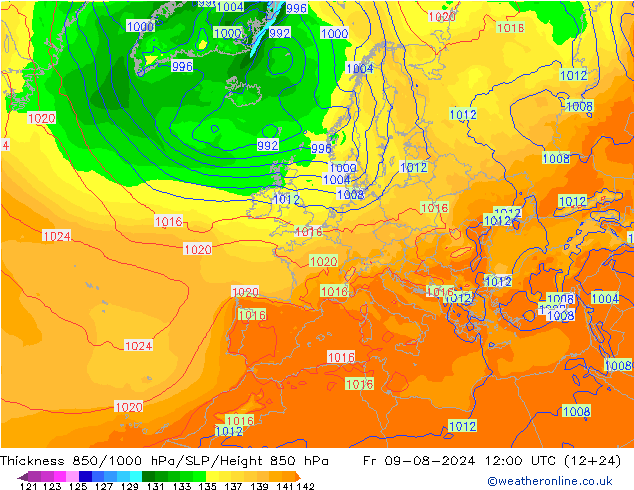 Dikte 850-1000 hPa GFS vr 09.08.2024 12 UTC