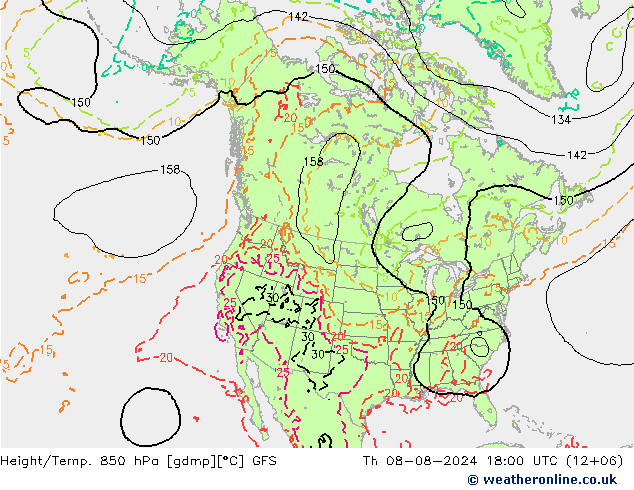 Height/Temp. 850 hPa GFS 星期四 08.08.2024 18 UTC